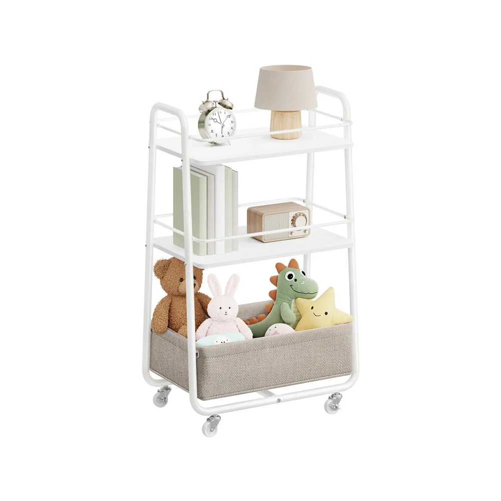 Rolling storage trolley with fabric basket and shelves - Image 2