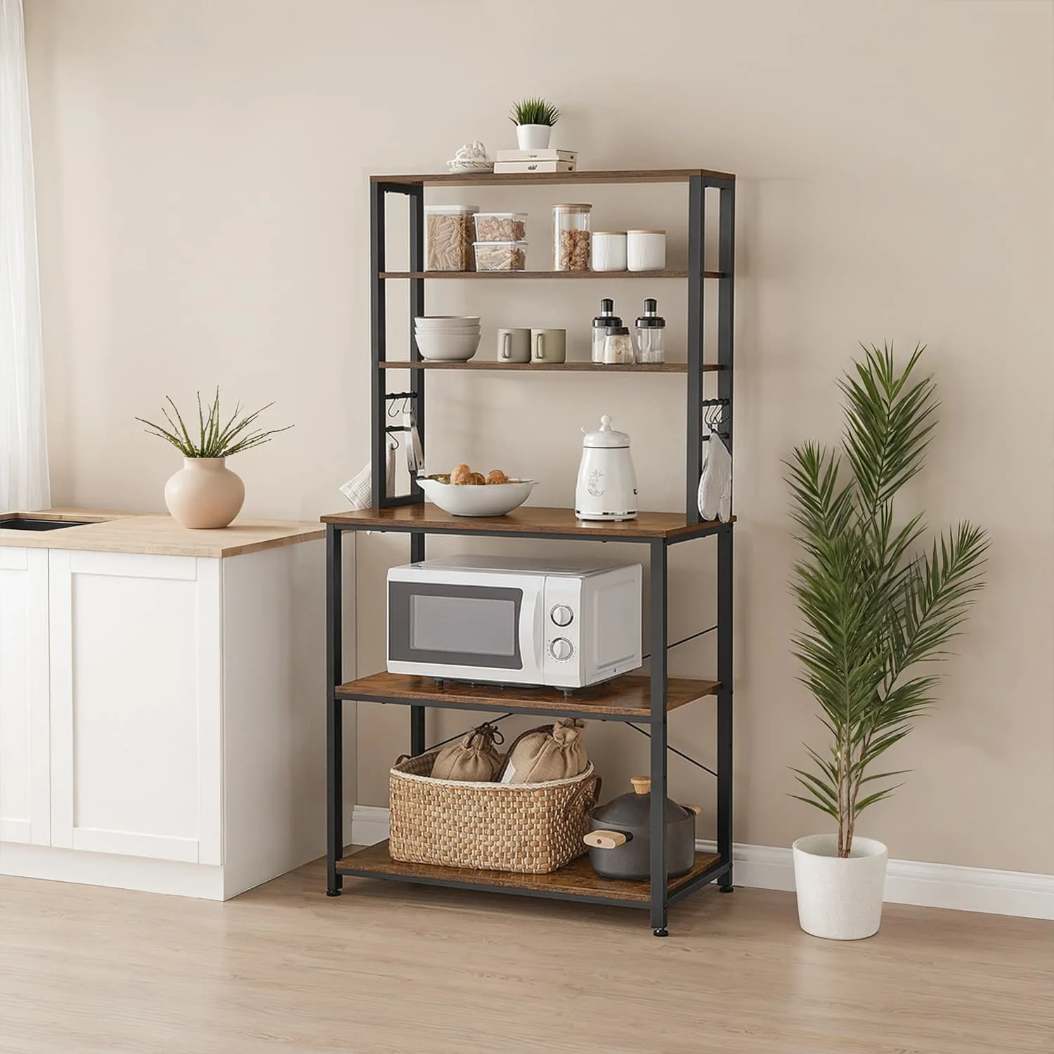 6-Tier Coffee Bar, Baker’s Rack for Kitchen with Storage, Kitchen Shelves with 6 Hooks - Image 2