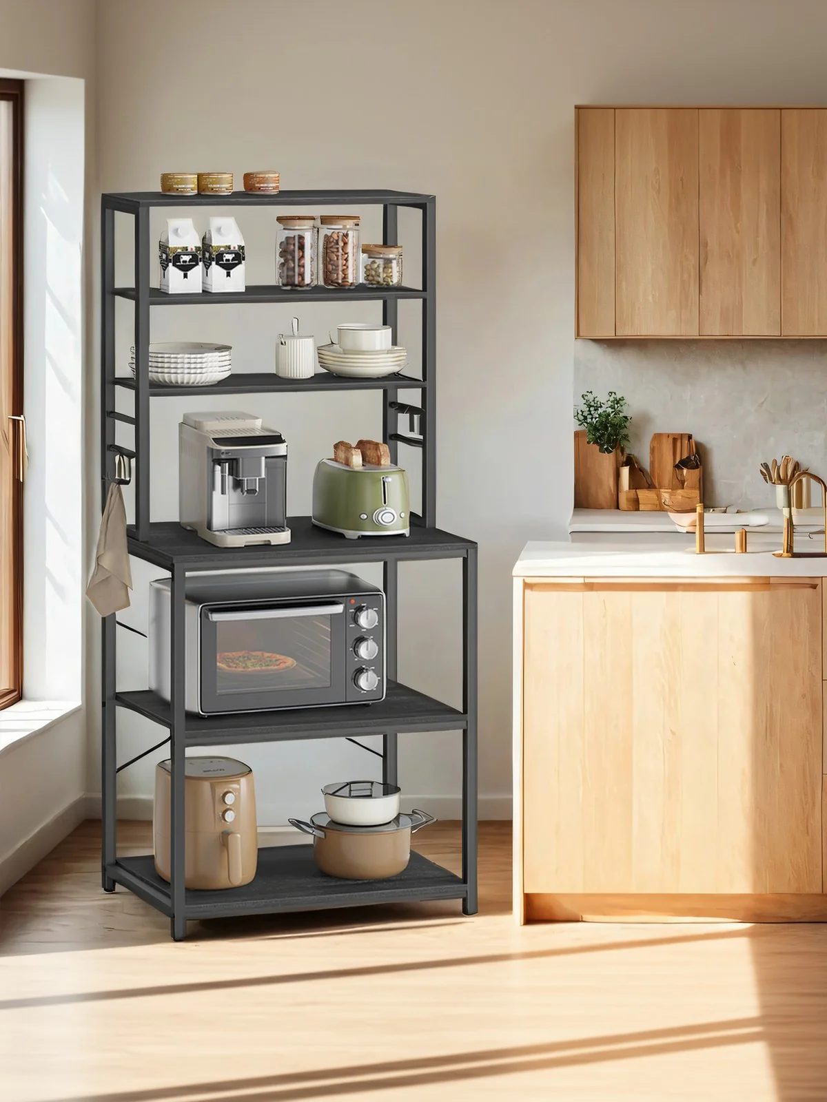 6-Tier Coffee Bar, Baker’s Rack for Kitchen with Storage, Kitchen Shelves with 6 Hooks - Image 4