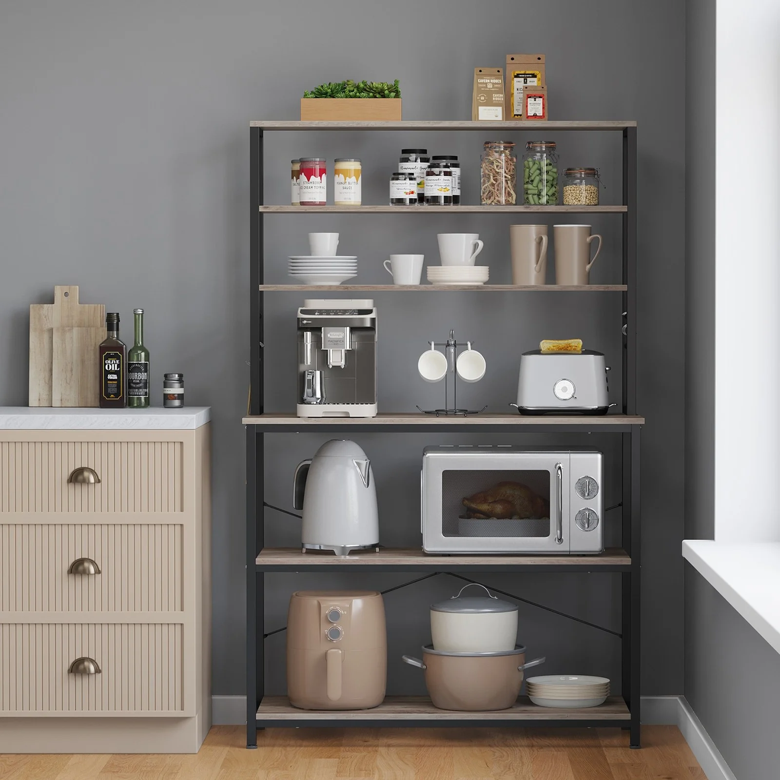 6-Tier Coffee Bar, Baker’s Rack for Kitchen with Storage, Kitchen Shelves with 6 Hooks - Image 7