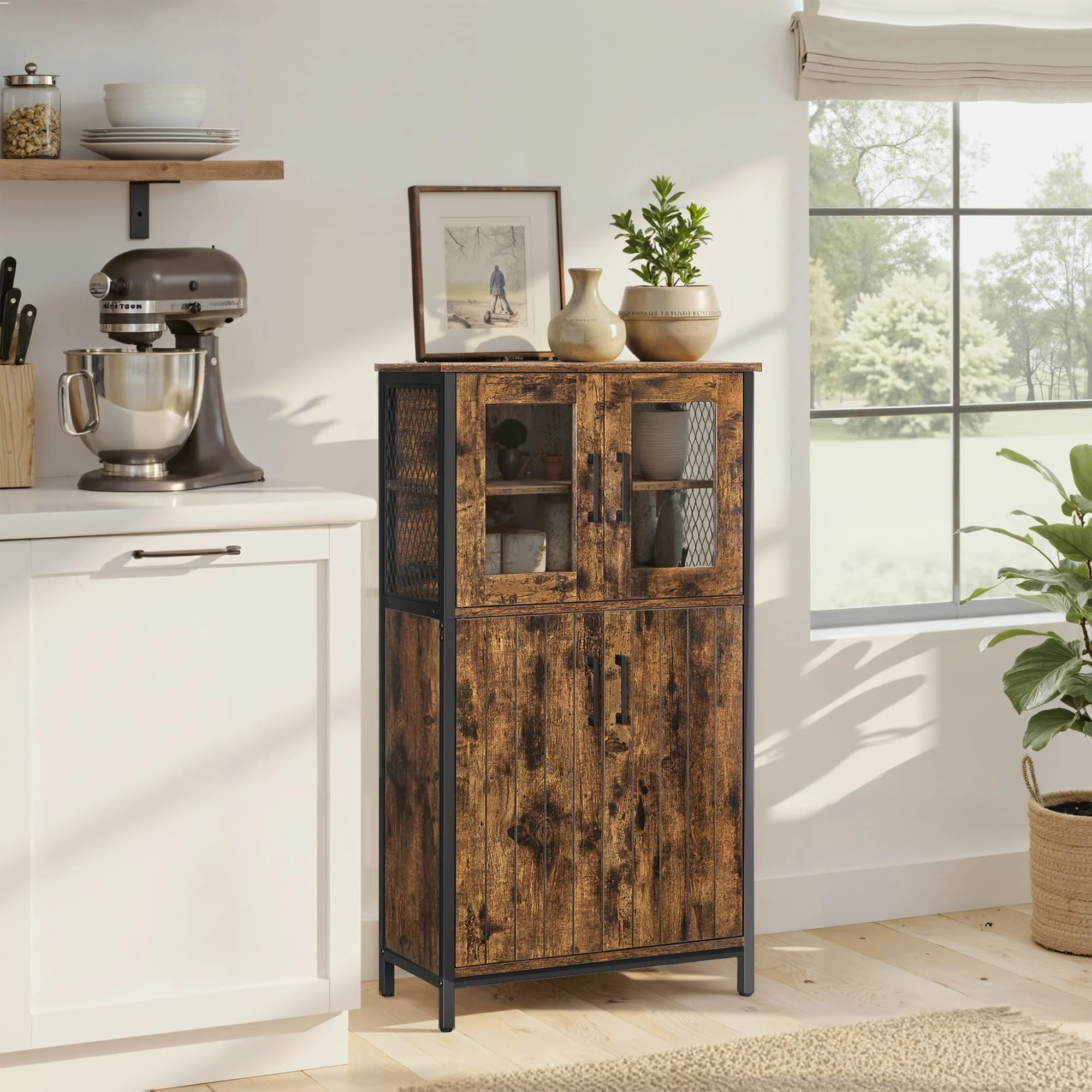 Rustic Brown Storage Cabinet with Glass Doors