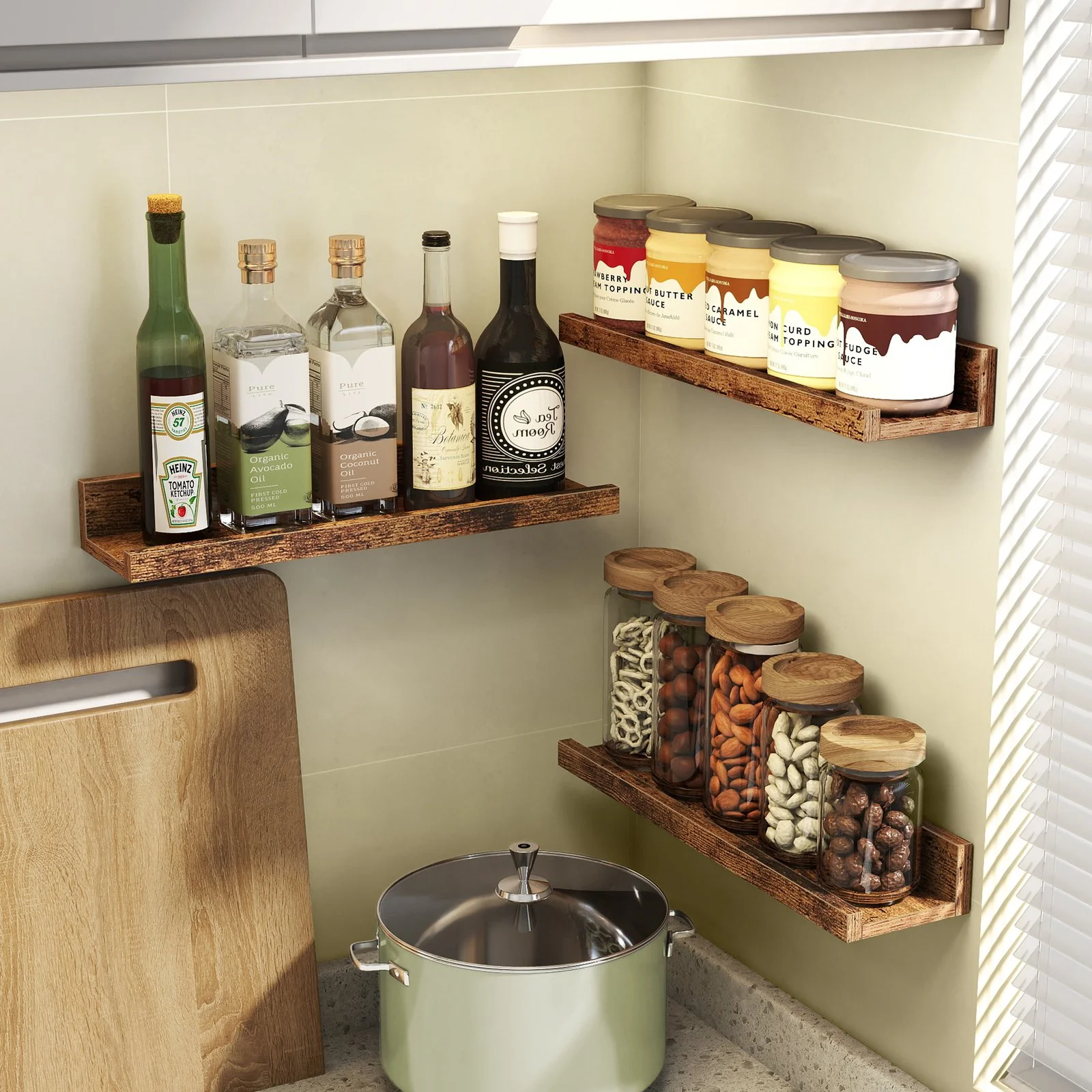 Set of 3 Rustic Brown Wooden Floating Shelves