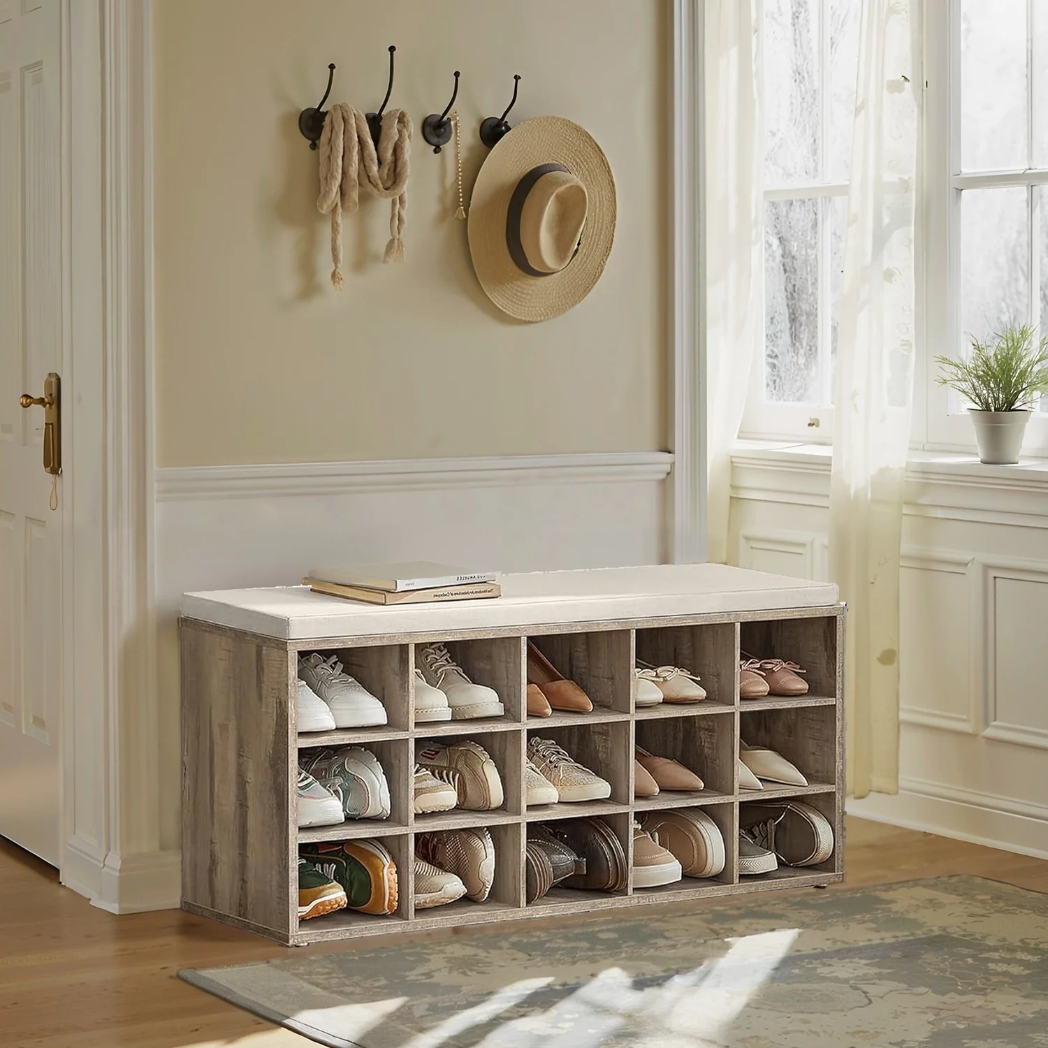 Shoe Bench, Storage Bench with Padded Seat, 15 Compartments - Image 4