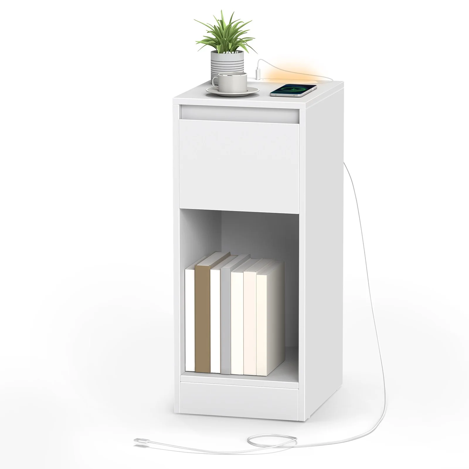 Slim bedside table with charging station LED light and storage drawer