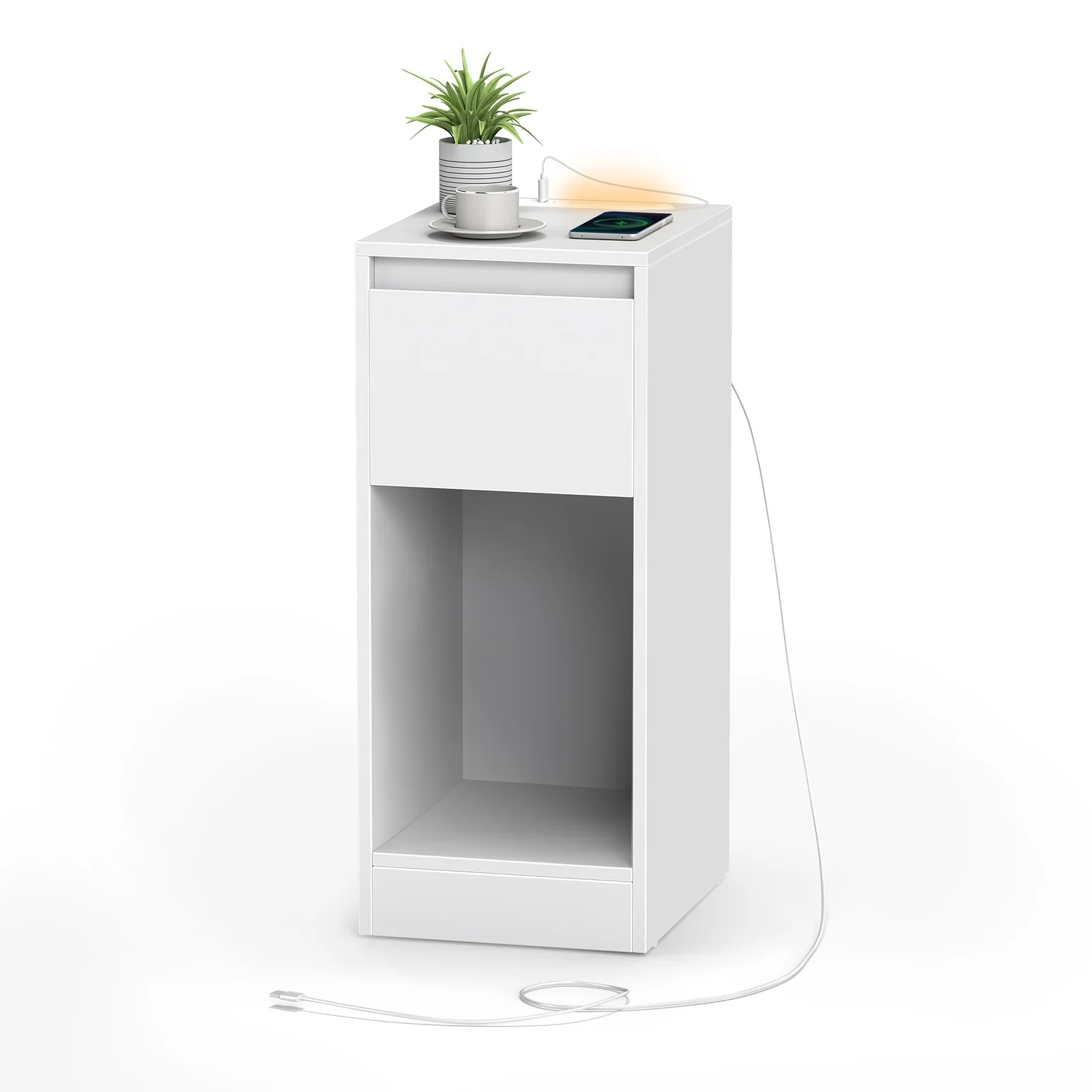 Slim bedside table with charging station LED light and storage drawer - Image 2