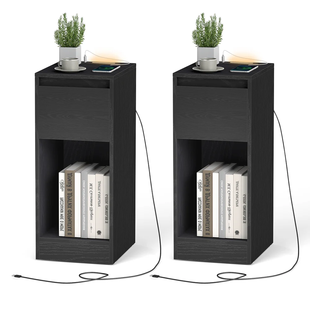 Slim bedside table with charging station LED light and storage drawer - Image 3