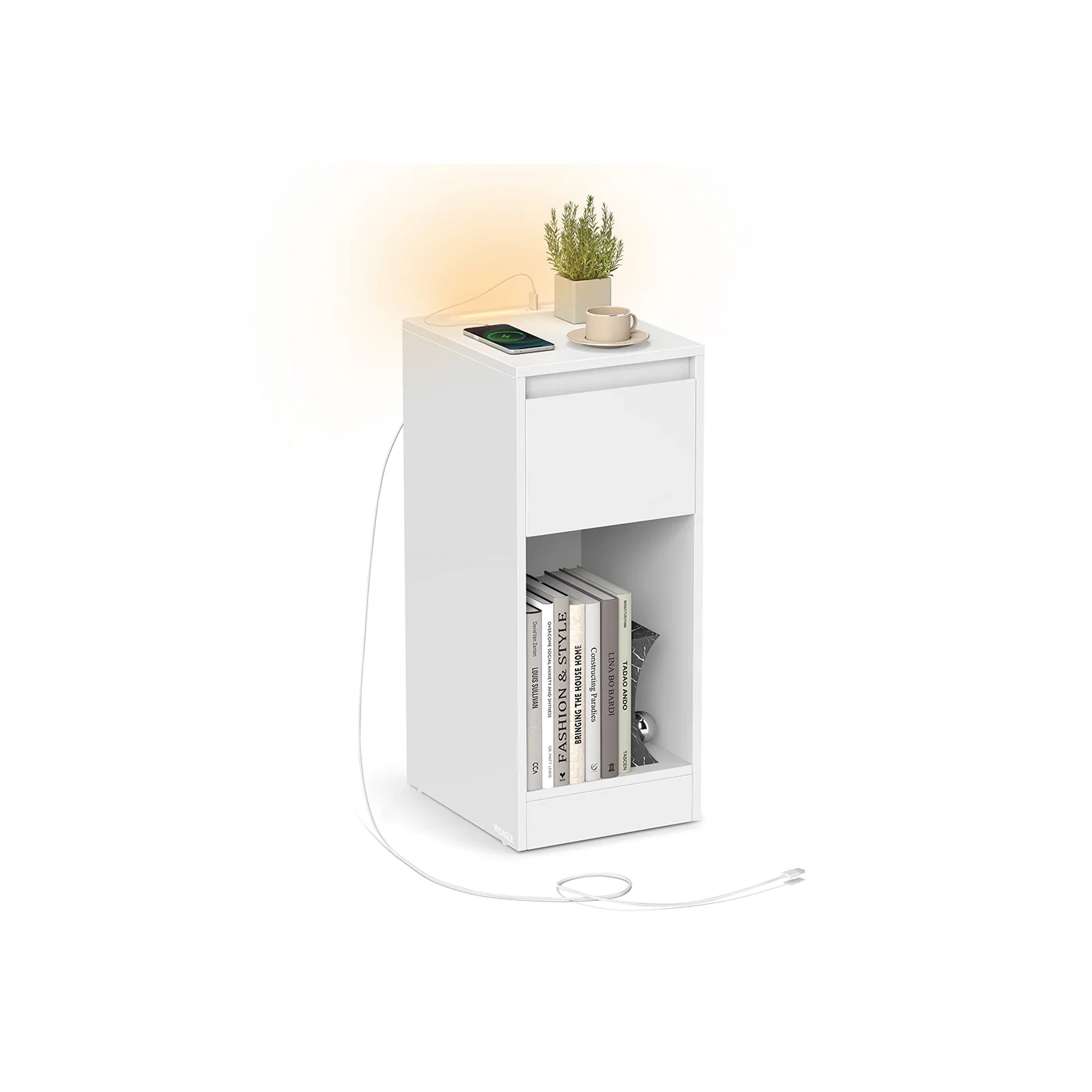 Slim bedside table with charging station LED light and storage drawer