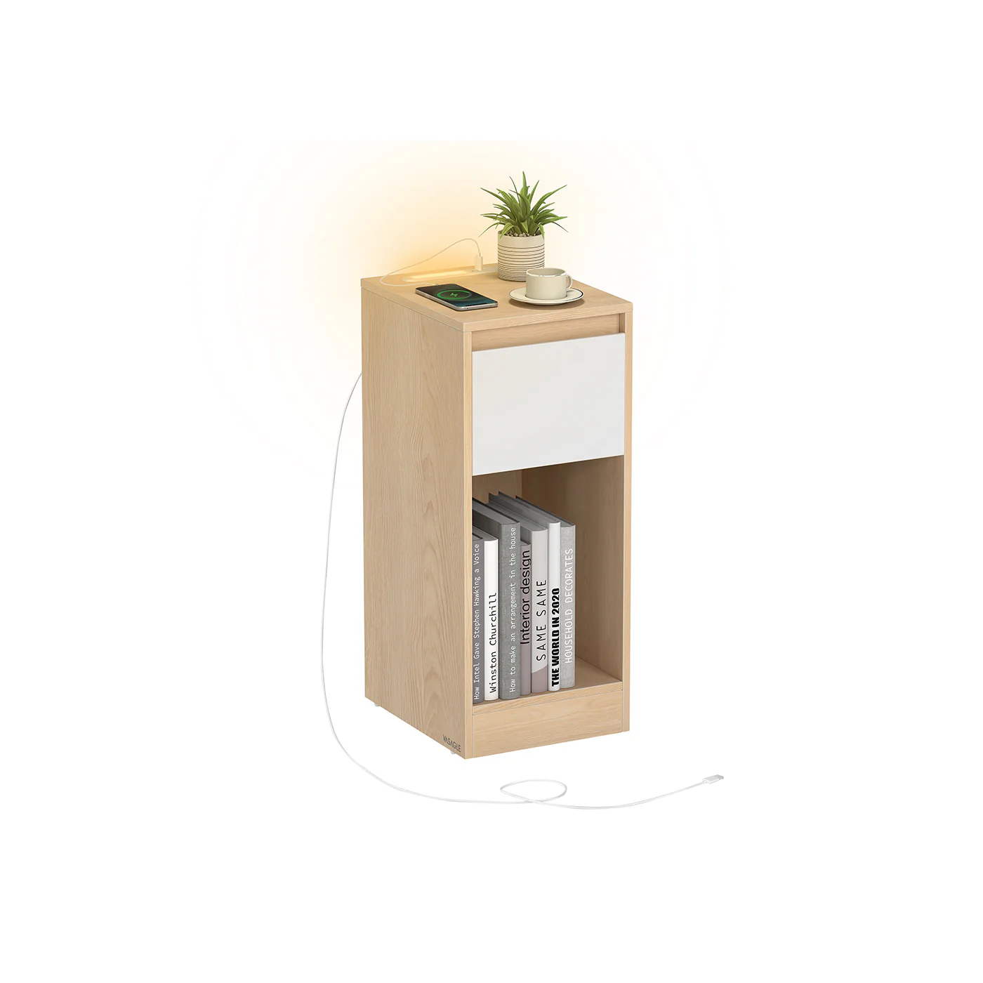 Slim bedside table with charging station LED light and storage drawer - Image 3