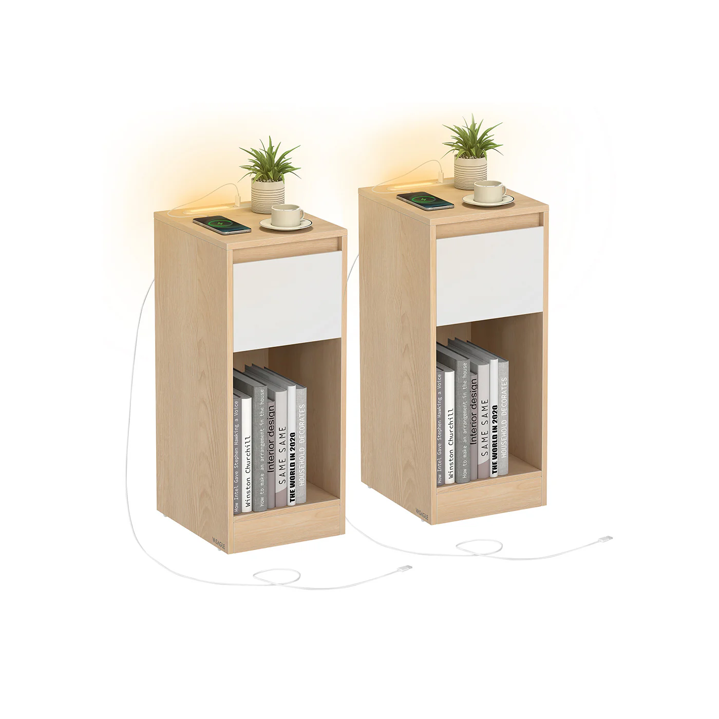 Slim bedside table with charging station LED light and storage drawer - Image 4