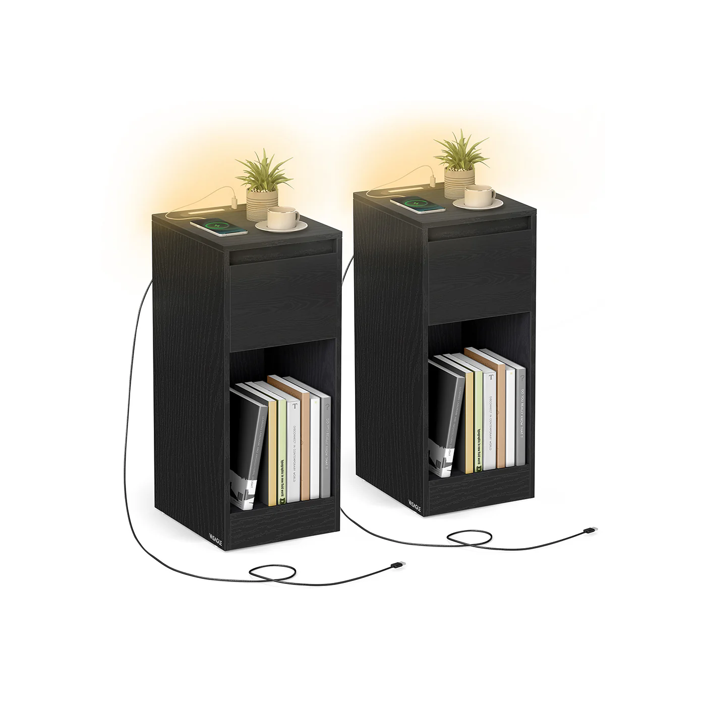 Slim bedside table with charging station LED light and storage drawer - Image 5