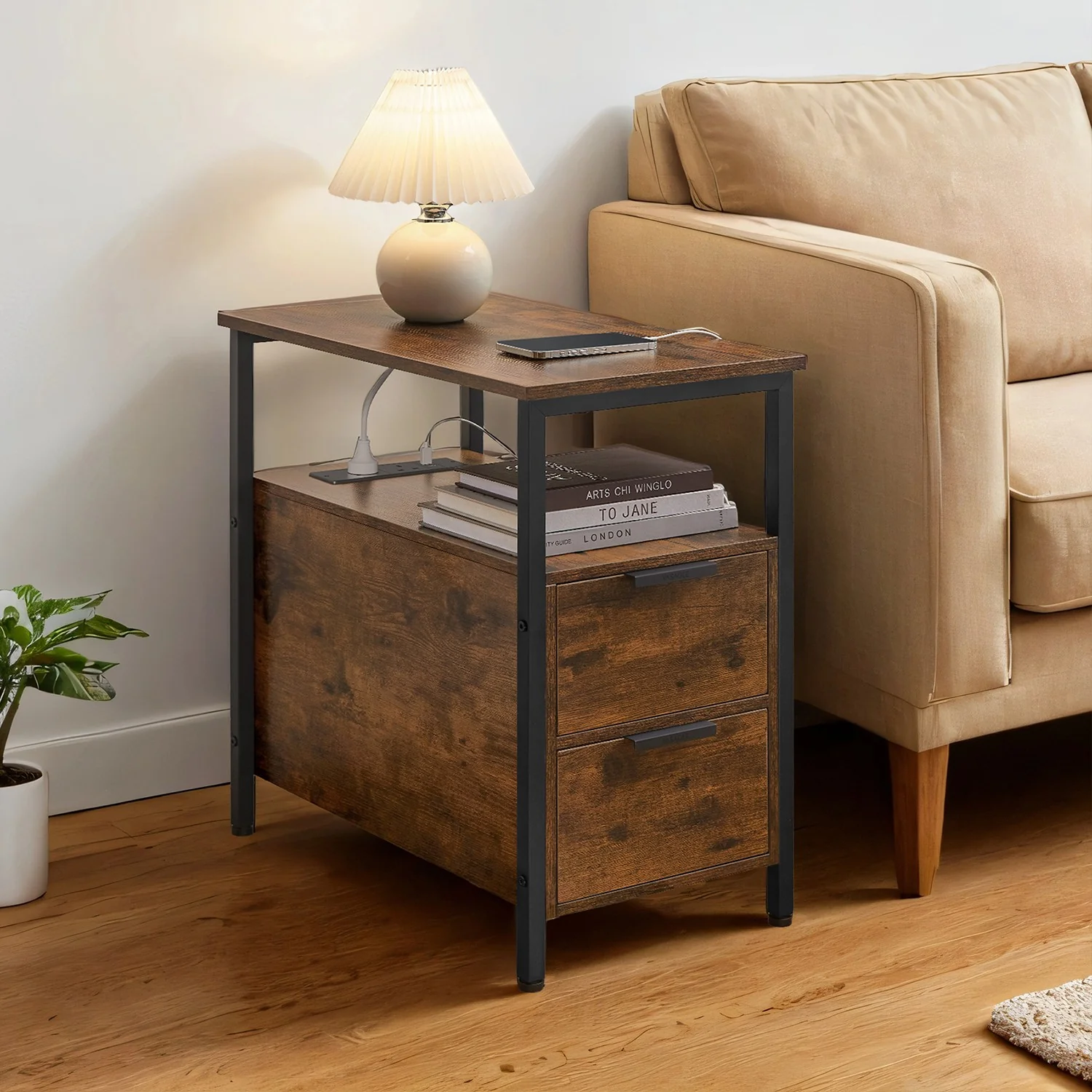 Slim Side Table with Charging Station