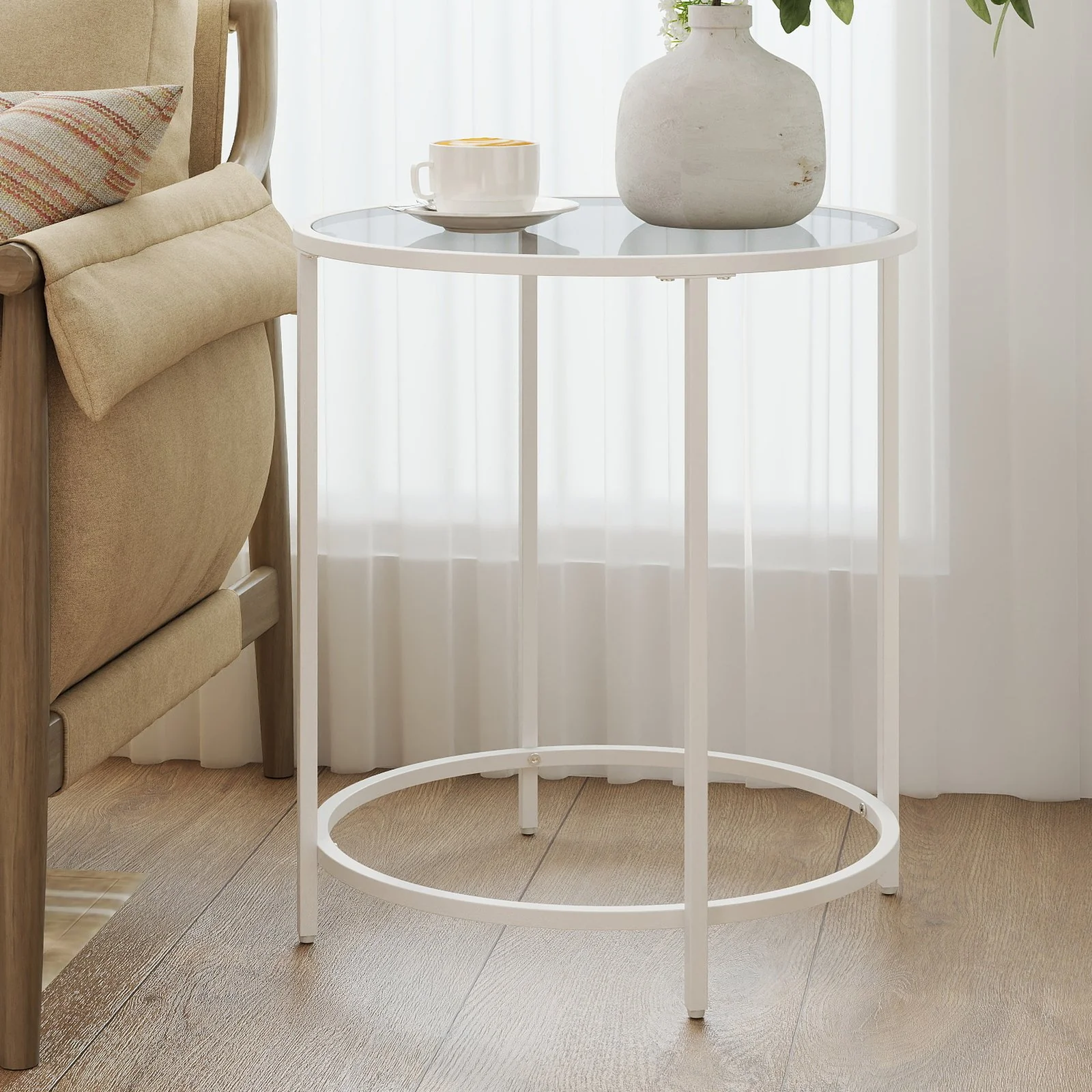 Small Round Glass Side Table with Steel Frame