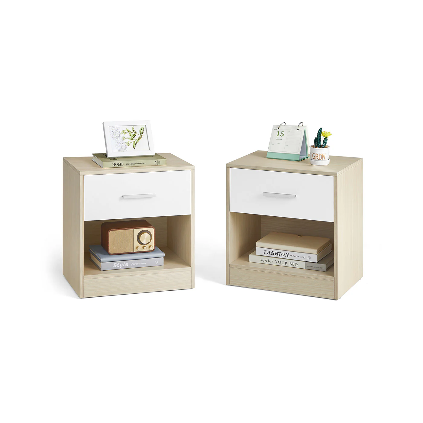 Bedside Tables, Set of 2, Side Table with Drawer, Handle, Open Compartment, End Table, for Bedroom, Living Room