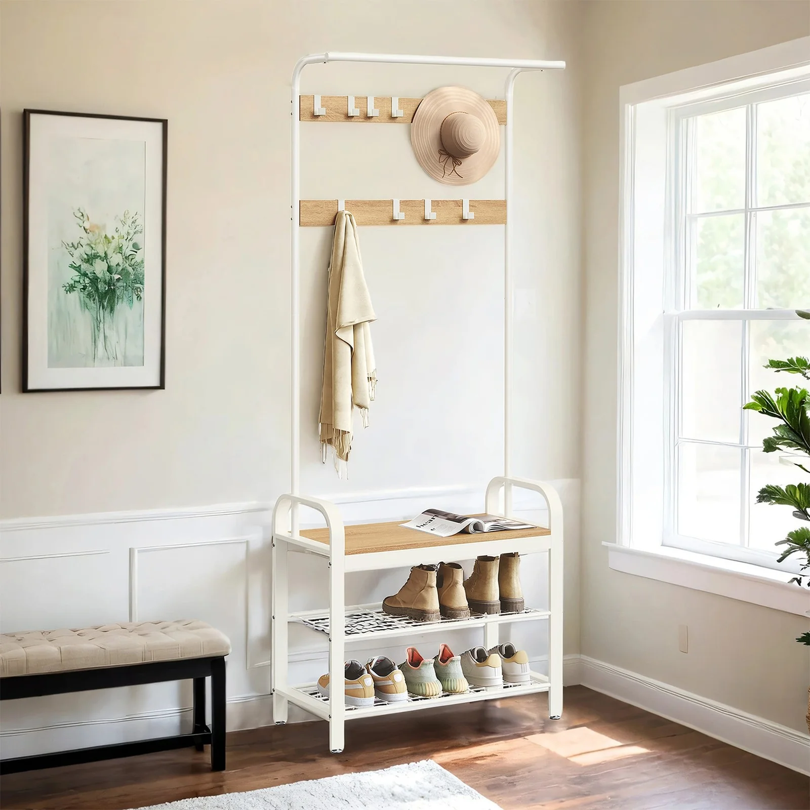 Coat Rack, Coat Stand with Shoe Storage Bench, 4-in-1 Design - Image 2
