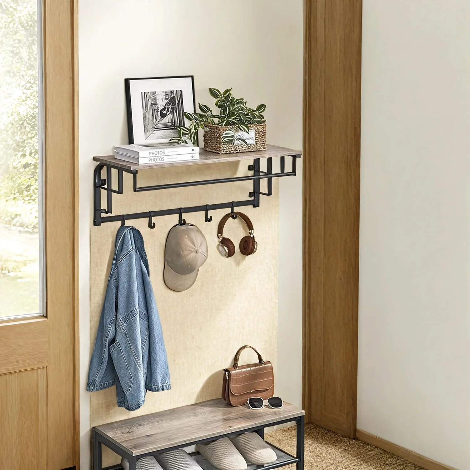 Wall-Mounted Coat Rack, Wall Shelf with 10 Removable Hooks, Clothes Rail - Image 5