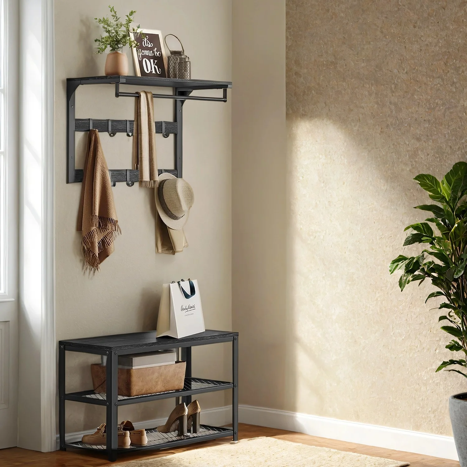 Wall-Mounted Coat Rack, Wall Shelf with 10 Removable Hooks, Clothes Rail - Image 6